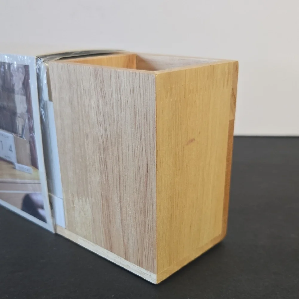 NEW Threshold Natural Wood Desk Calendar and Pencil/Pen Cup